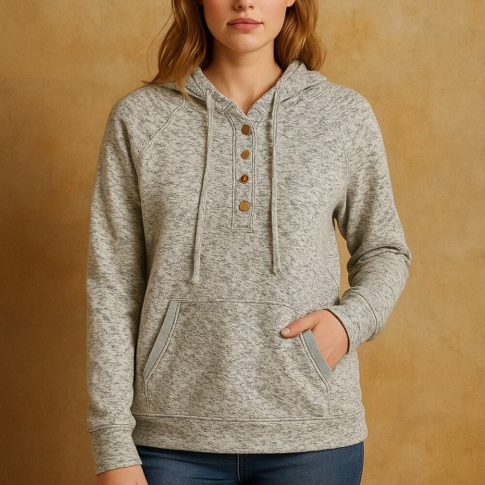 Exclusive Cozy Gray Speckled Knit Hoodie Button Front Pullover Women’s L